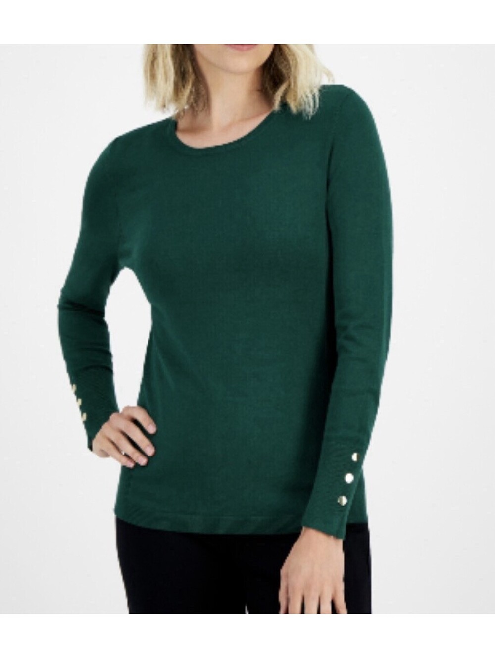 JM Collection Petite Rivet Detail Crewneck Sweater Pure Emerald Sz-PL